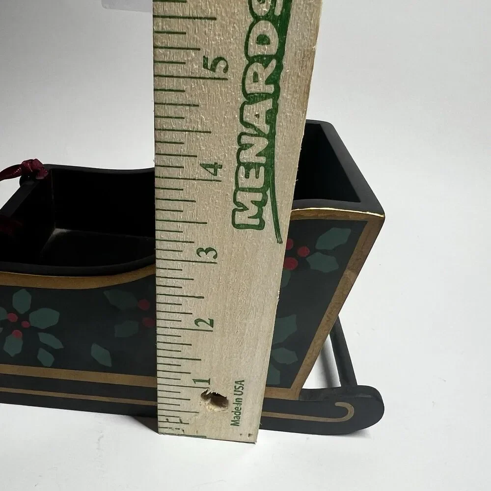 Vintage Christmas Wooden Sleigh Table Decor Hand Painted Holly Holiday Planter